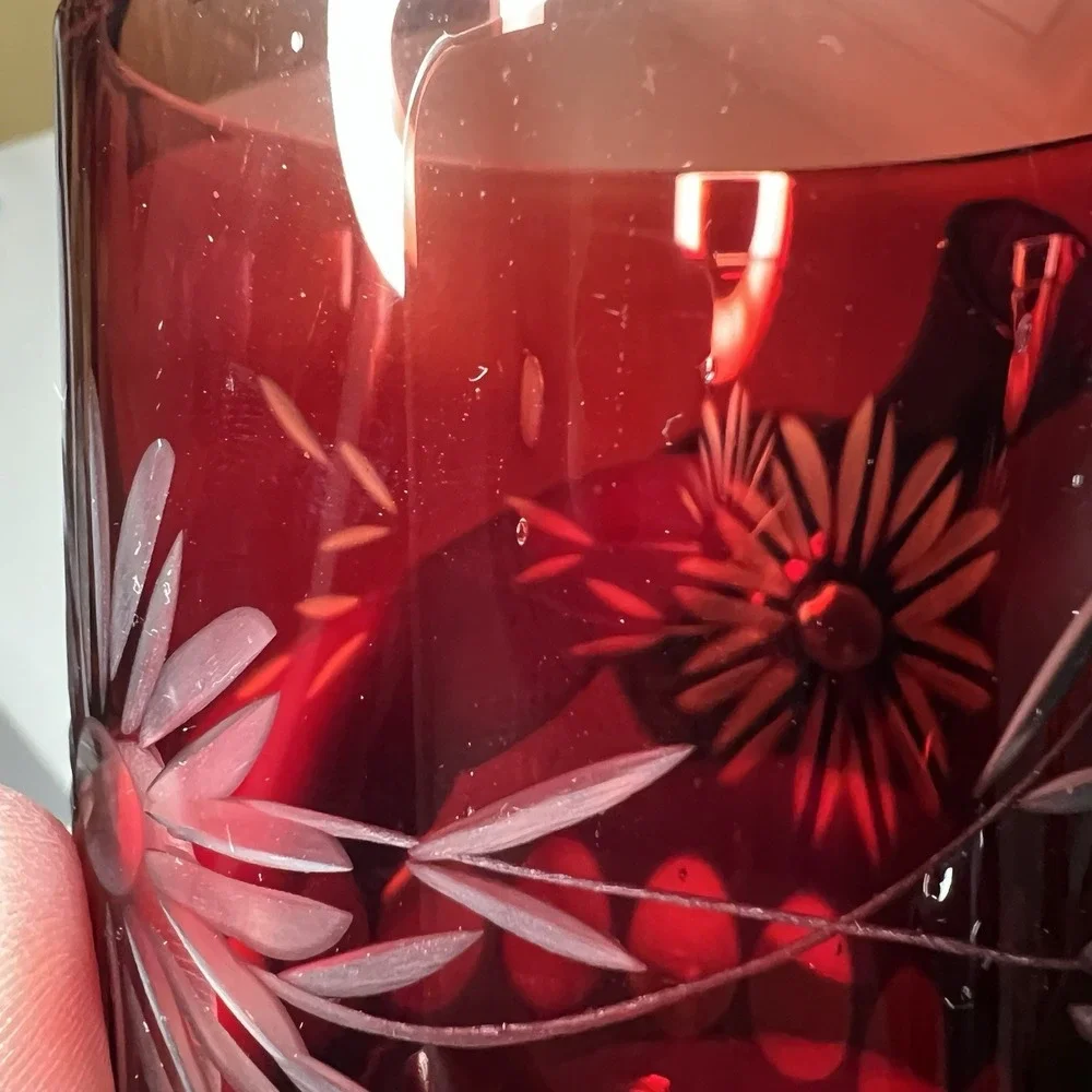 Antique Bohemian Red Czech Cut Glass Carafe Set Pitcher Cup Etched‎ Floral